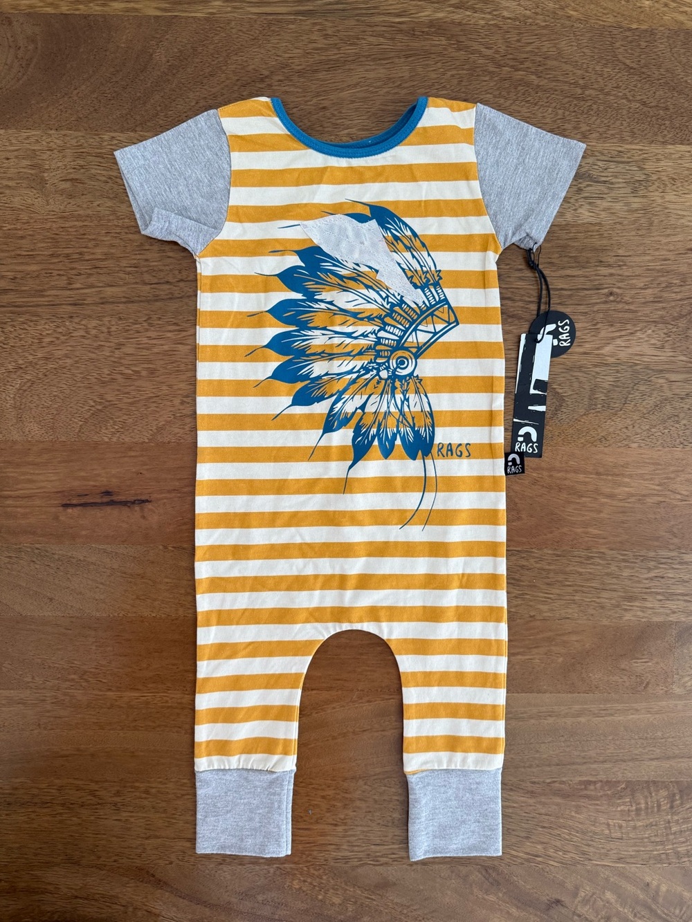 NWT Rags Yellow Stripe American Indian Headdress Romper - Size 12-18 Months